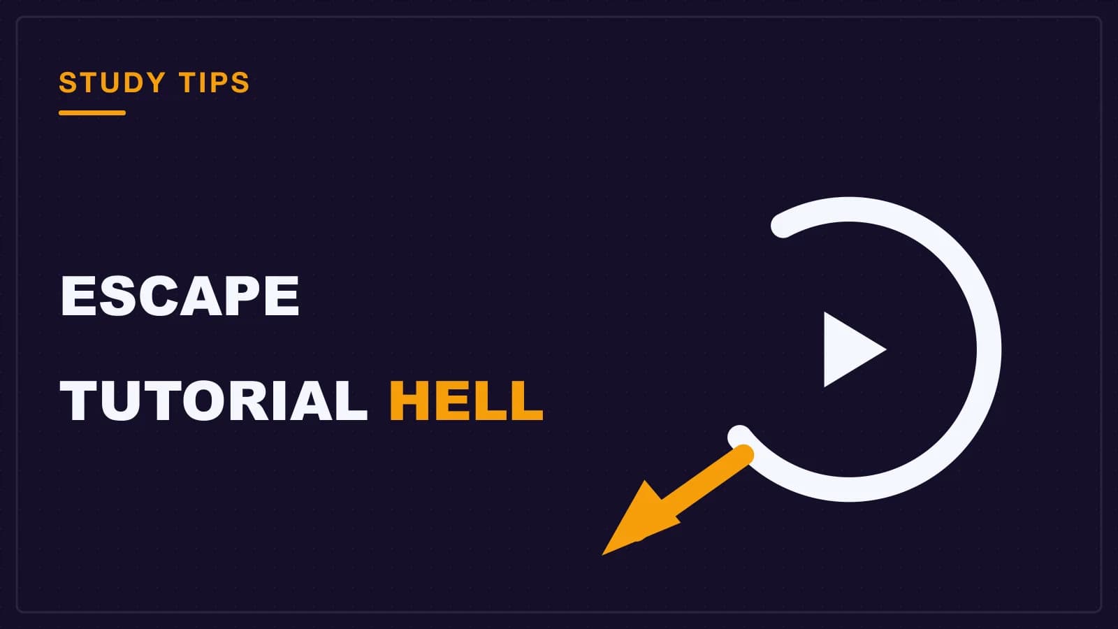 A play button circling inside a broken loop with an arrow escaping through the gap, the way out of endless coding tutorials