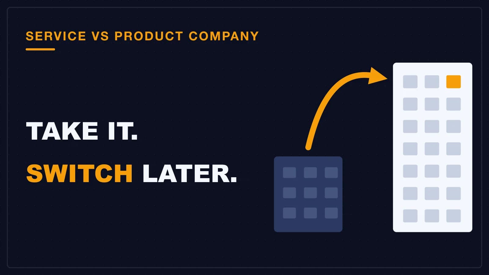 An arrow jumping from a low office block to a tall tower, moving from a service company to a product company