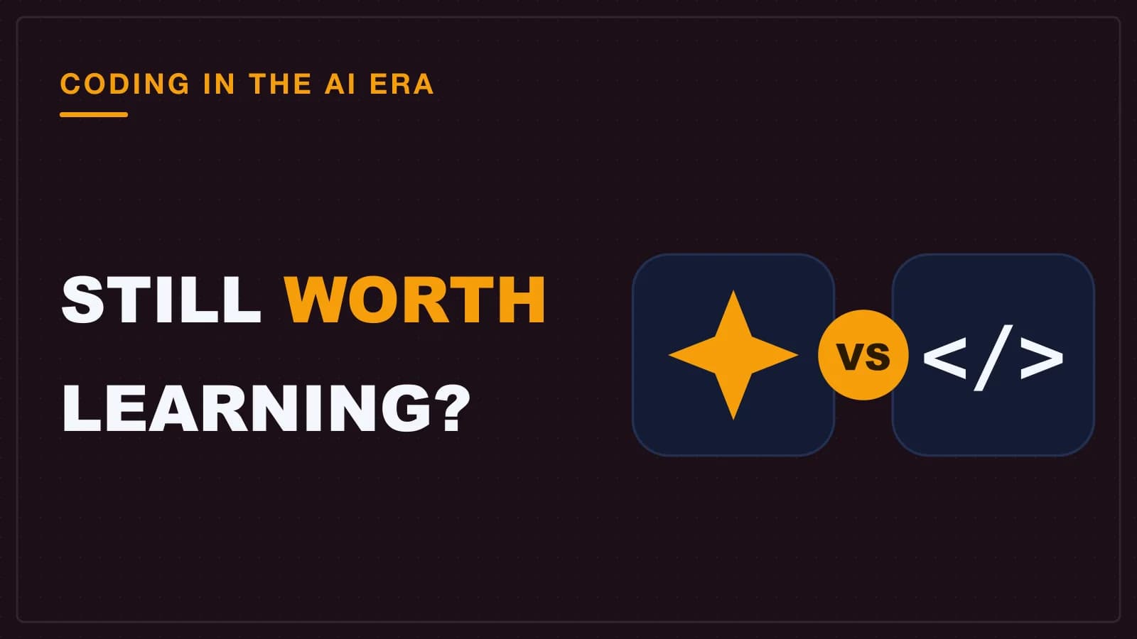 An AI sparkle beside a hand-written code bracket with a versus badge, machine-written against human-written code