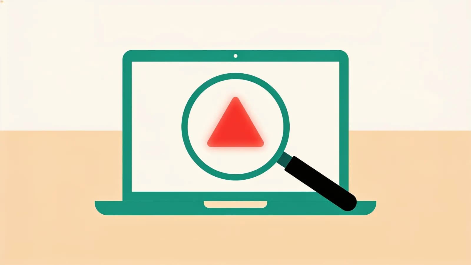Magnifying glass over a laptop showing an error warning