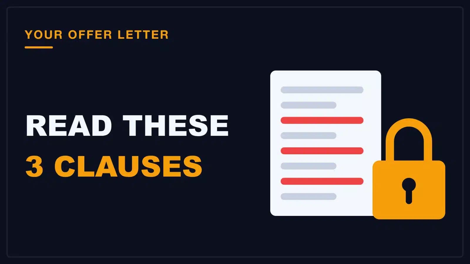 An offer letter with three lines flagged in red and an amber padlock, the bond and notice period clauses