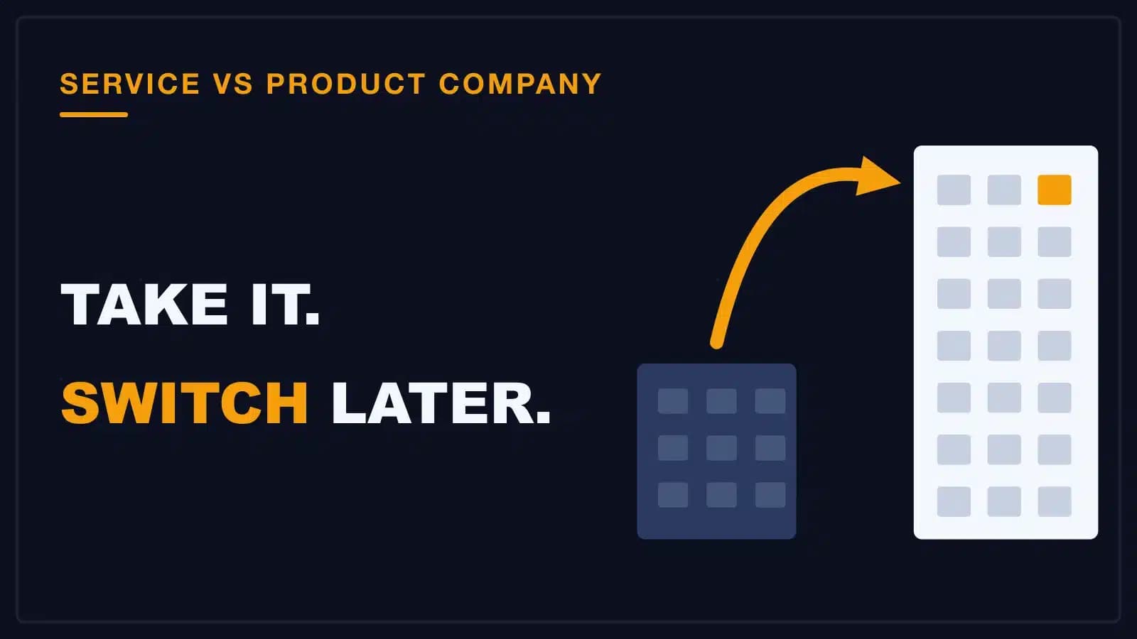 An arrow jumping from a low office block to a tall tower, moving from a service company to a product company