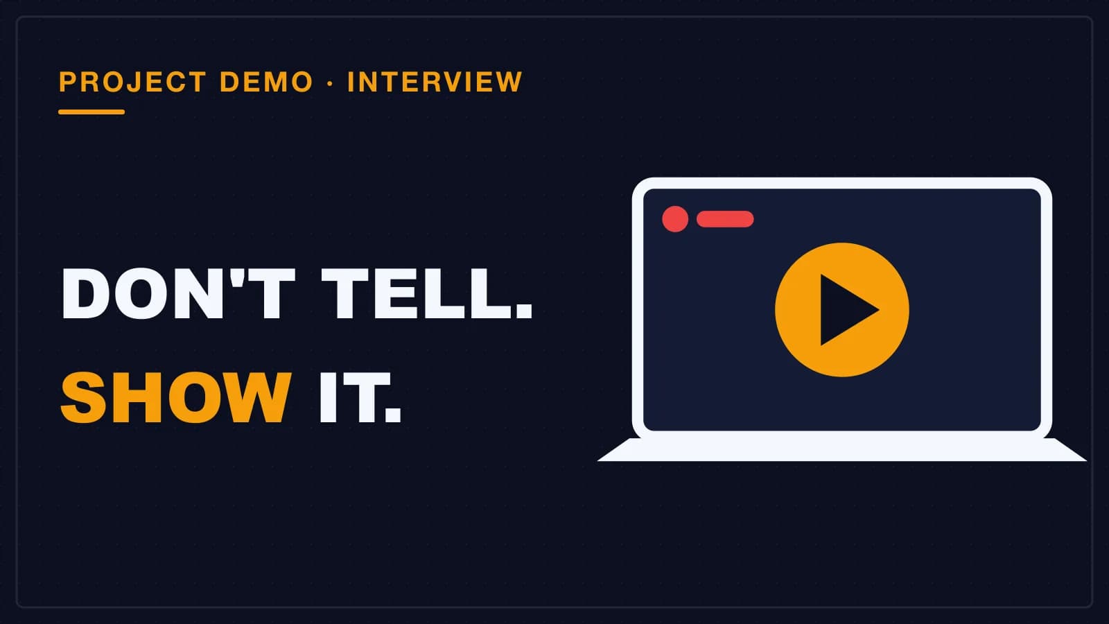 A laptop sharing its screen live with an amber play button, demonstrating a project in an interview