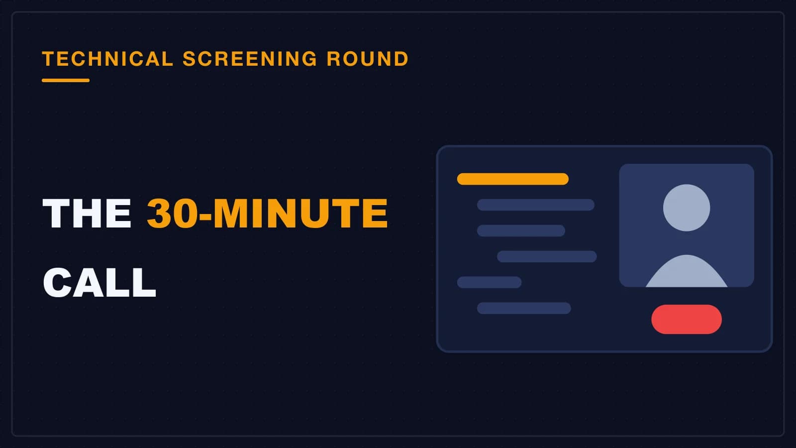 A video call window with code on one side and the interviewer on the other, a technical screening call