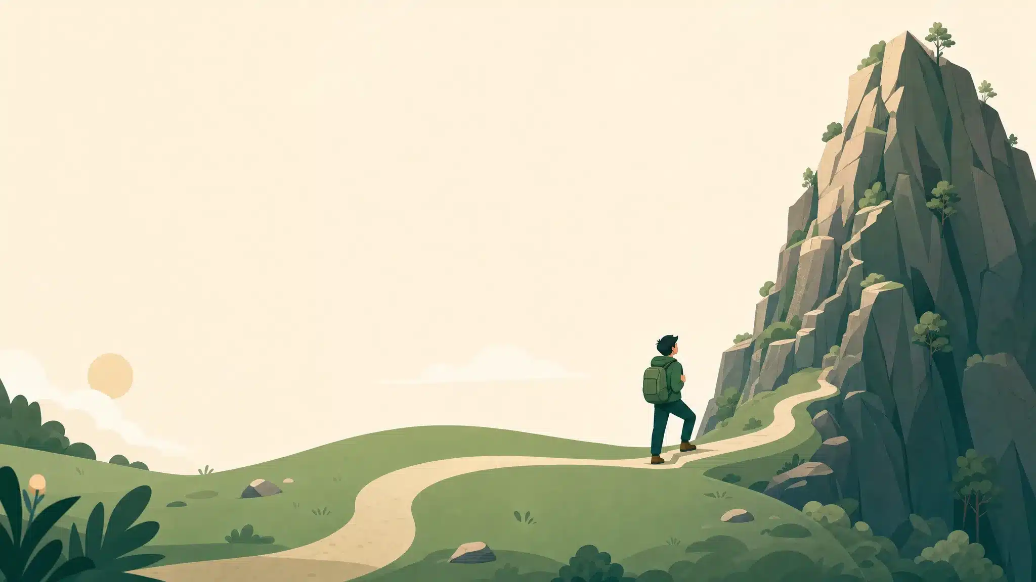 A long smooth path leading to a steep rocky cliff with a developer pausing at the base, showing how AI handles the easy 70 percent and leaves the hard 30 percent