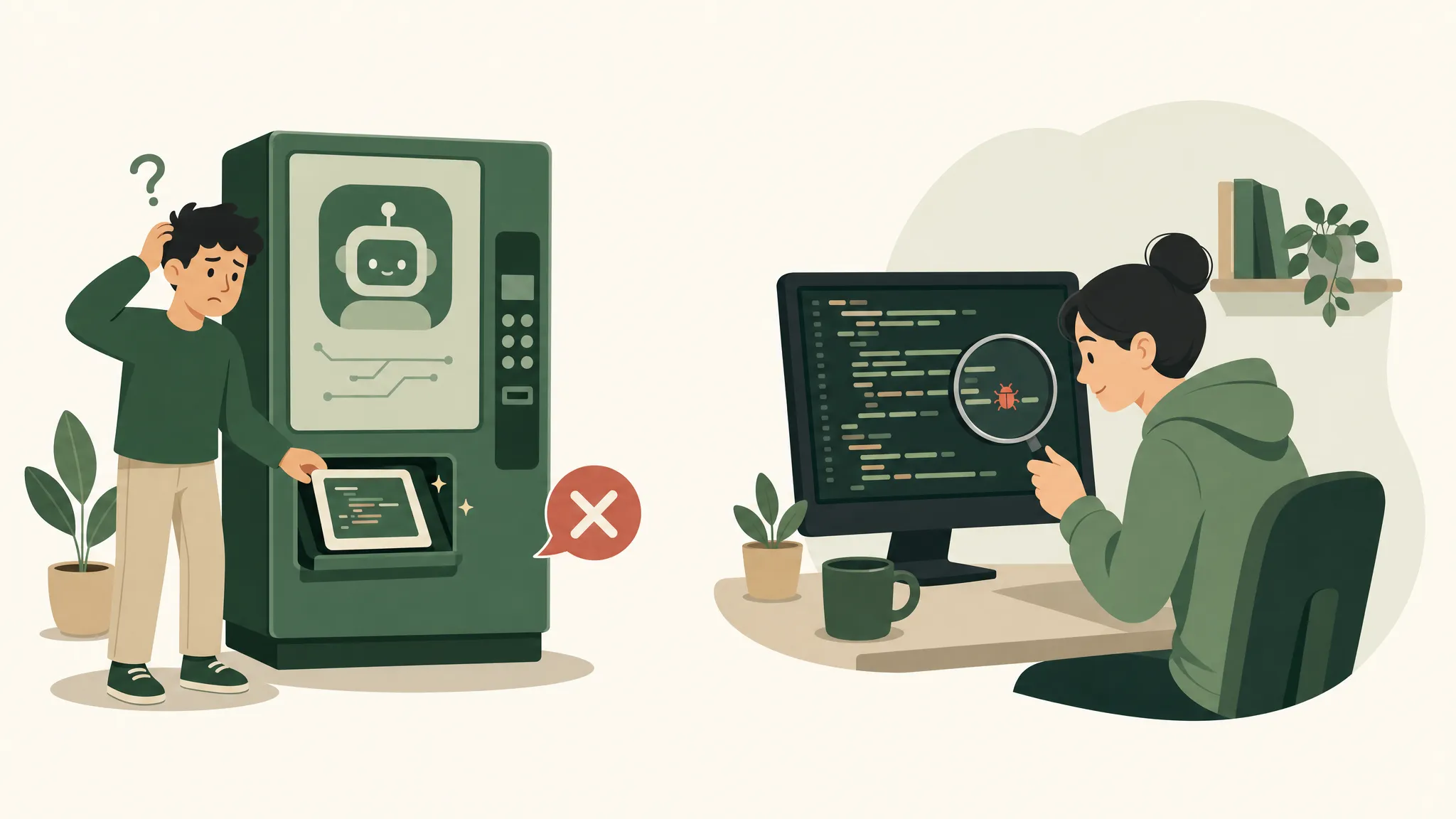Contrast illustration: a confused person taking a broken answer out of an AI vending machine, versus a calm developer debugging code with a magnifying glass