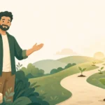 Flat illustration of a friendly mentor welcoming the viewer beside a glowing honeycomb hive, with a winding path over green hills and sprouting plants at sunrise