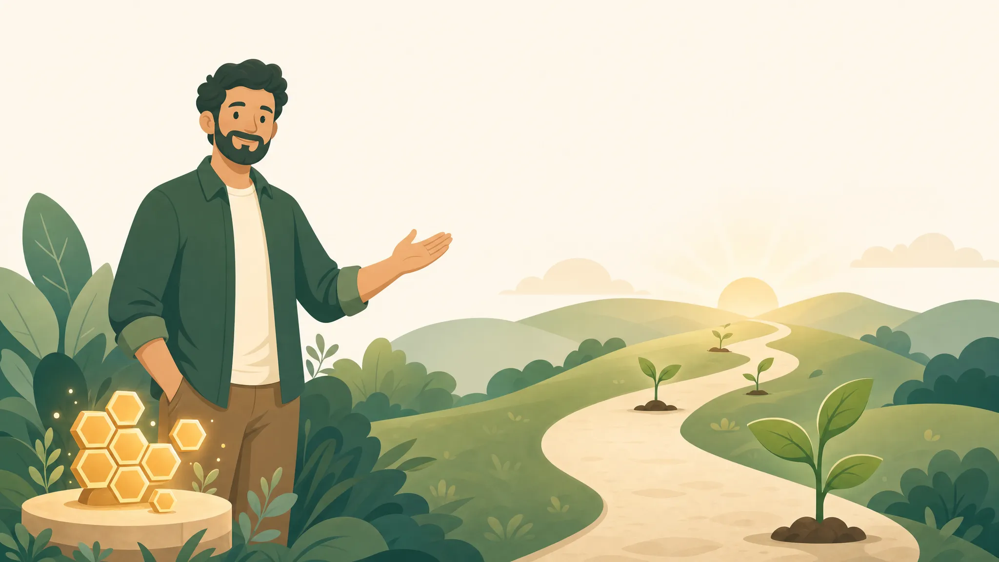 Flat illustration of a friendly mentor welcoming the viewer beside a glowing honeycomb hive, with a winding path over green hills and sprouting plants at sunrise