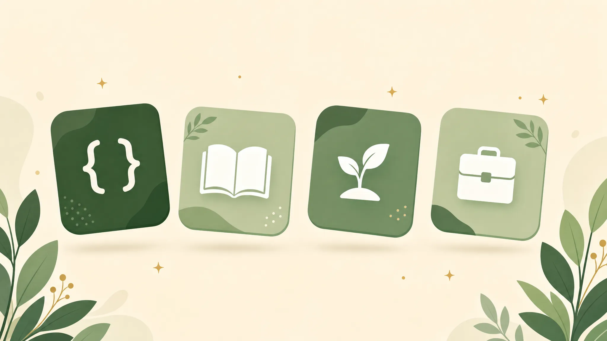 Four green cards with simple white icons — code brackets, an open book, a sprouting plant and a briefcase — representing the blog's four topic areas: technology, study tips, self growth and career growth
