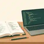 Flat illustration of an open programming book on a desk next to an open laptop showing code, with a mug of chai, a pencil and colourful sticky-note flags