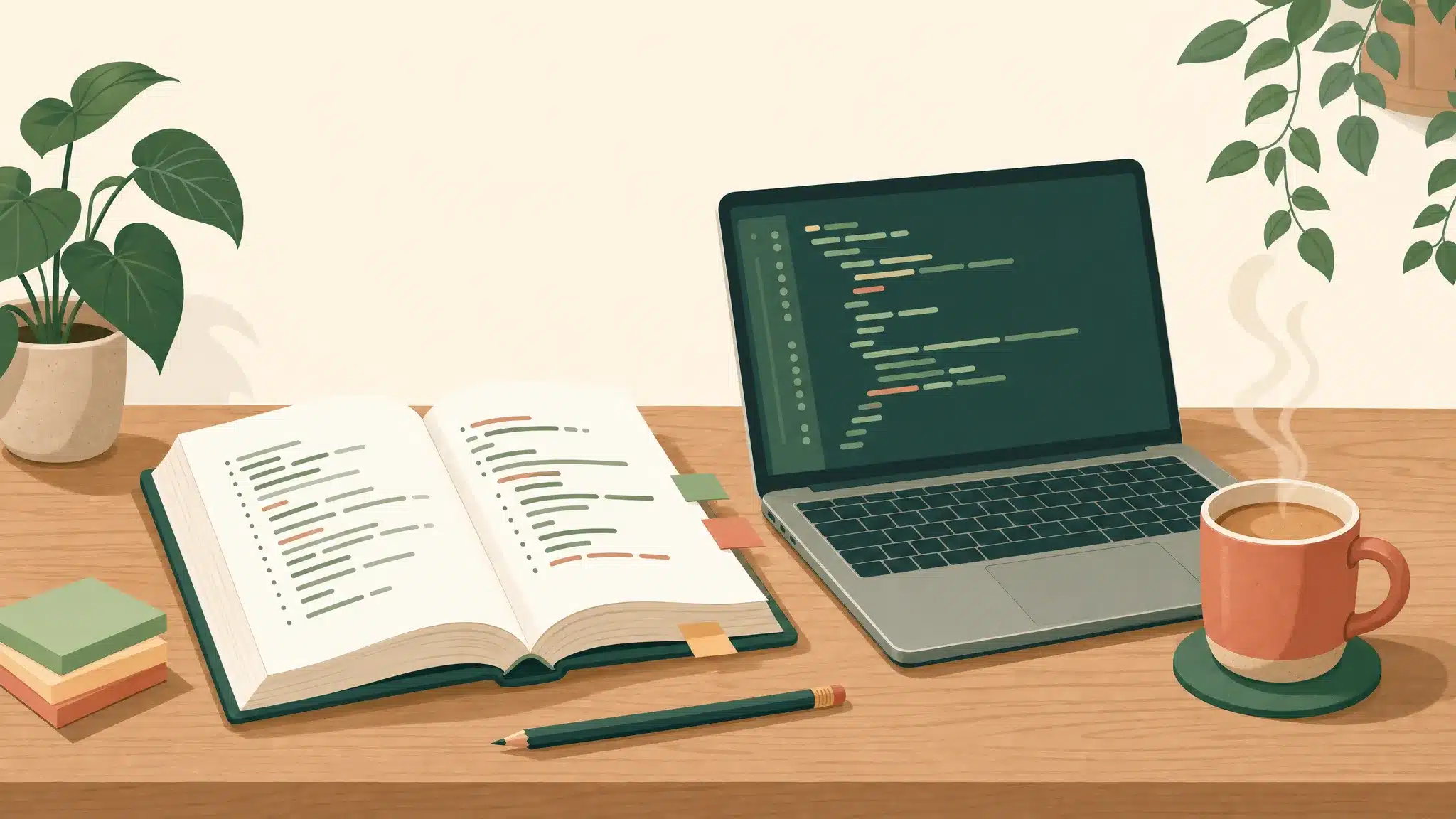 Flat illustration of an open programming book on a desk next to an open laptop showing code, with a mug of chai, a pencil and colourful sticky-note flags
