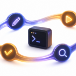 A terminal core encircled by a glowing write, run, check, fix loop with pencil, play, magnifier, and checkmark nodes