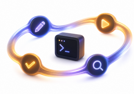 A terminal core encircled by a glowing write, run, check, fix loop with pencil, play, magnifier, and checkmark nodes