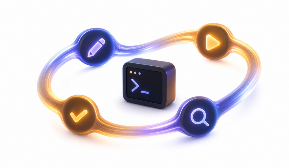 A terminal core encircled by a glowing write, run, check, fix loop with pencil, play, magnifier, and checkmark nodes