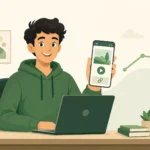 Flat illustration of a junior developer smiling and holding up a phone showing a finished app, with an upward growth chart in the background