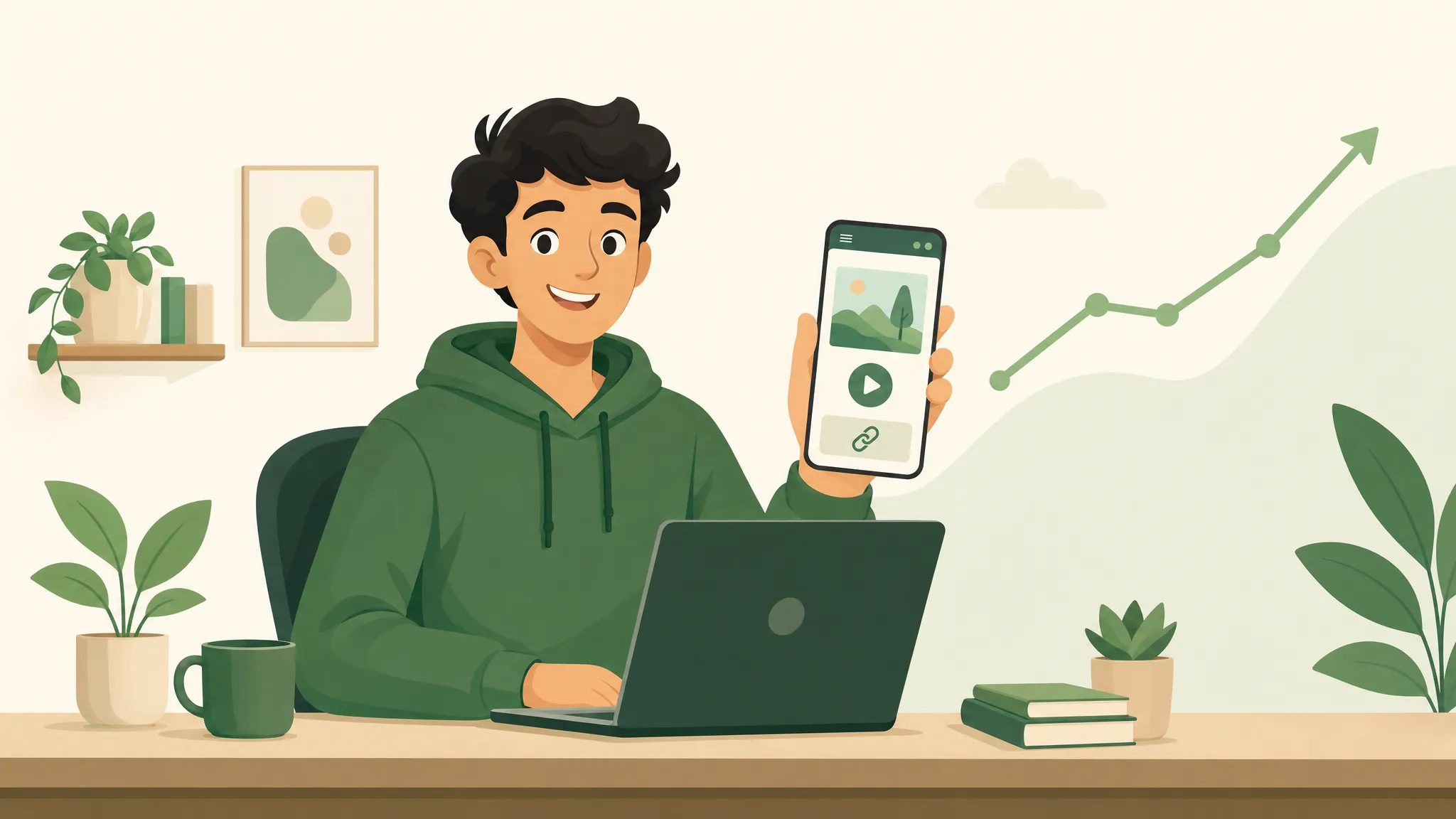 Flat illustration of a junior developer smiling and holding up a phone showing a finished app, with an upward growth chart in the background