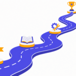 A winding road climbing past four milestones (a start flag, an open book, a gear and wrench, and a trophy), showing the path of learning to code
