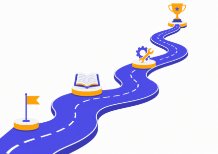 A winding road climbing past four milestones (a start flag, an open book, a gear and wrench, and a trophy), showing the path of learning to code
