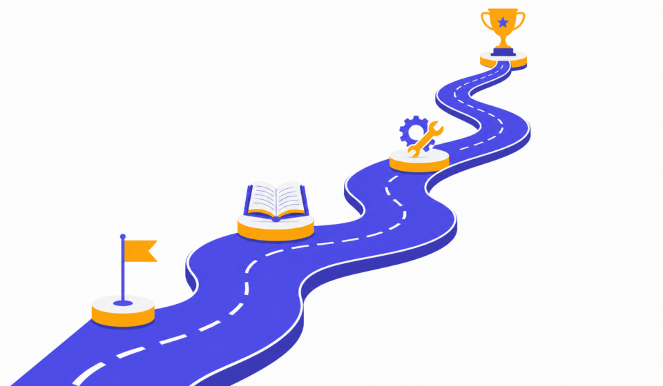 A winding road climbing past four milestones (a start flag, an open book, a gear and wrench, and a trophy), showing the path of learning to code