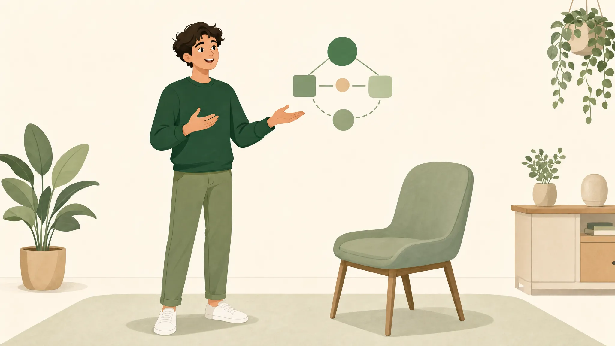 A learner standing and explaining a concept diagram out loud to an empty chair, illustrating the Feynman teach-back technique
