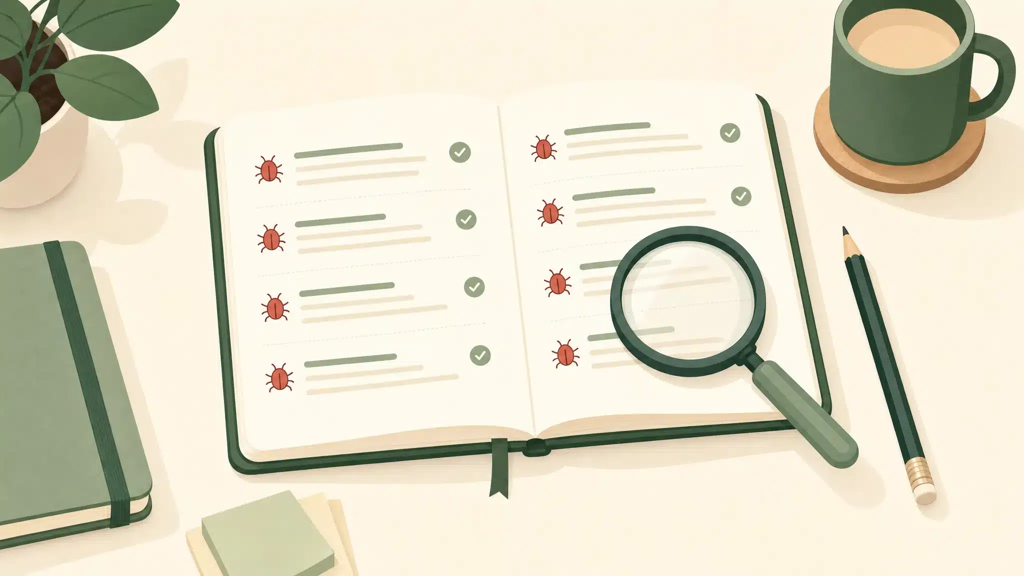An open notebook logging coding bugs as short entries with small bug icons and green checkmarks, with a magnifying glass and a pencil