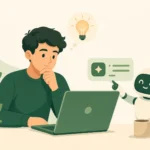 Flat illustration of a learner at a laptop thinking, with a friendly AI helper robot offering a suggestion and a lightbulb showing human judgment guiding the AI