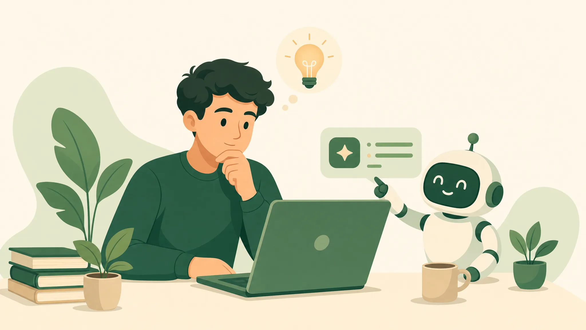 Flat illustration of a learner at a laptop thinking, with a friendly AI helper robot offering a suggestion and a lightbulb showing human judgment guiding the AI